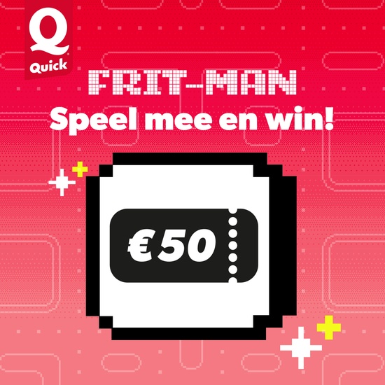FRIT-MAN: Speel mee en win € 50, getekend op rode achtergrond.
