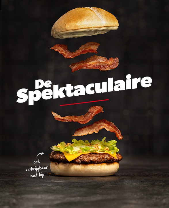 Nieuwe limited edition burger: pistoletbroodje met rundgehakt, witte barbecuesaus, 4 plakjes bacon, cheddar, sla en gefrituurde uitjes.