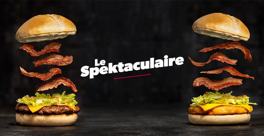 o	2 burgers en édition limitée : pain pistolet avec sauce barbecue blanche, 4 tranches de bacon, cheddar, salade, oignons frits, et au choix poulet pané ou steak haché de bœuf.