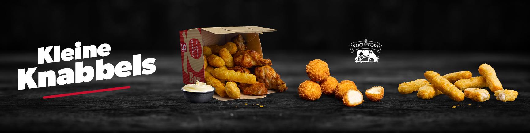 Trio fingerfood: Party Box (10 Chicken Dips en 5 Chicken Wings) met sauzen, 5 Cheesy’s Rochefort en 7 Fish’n Dips.