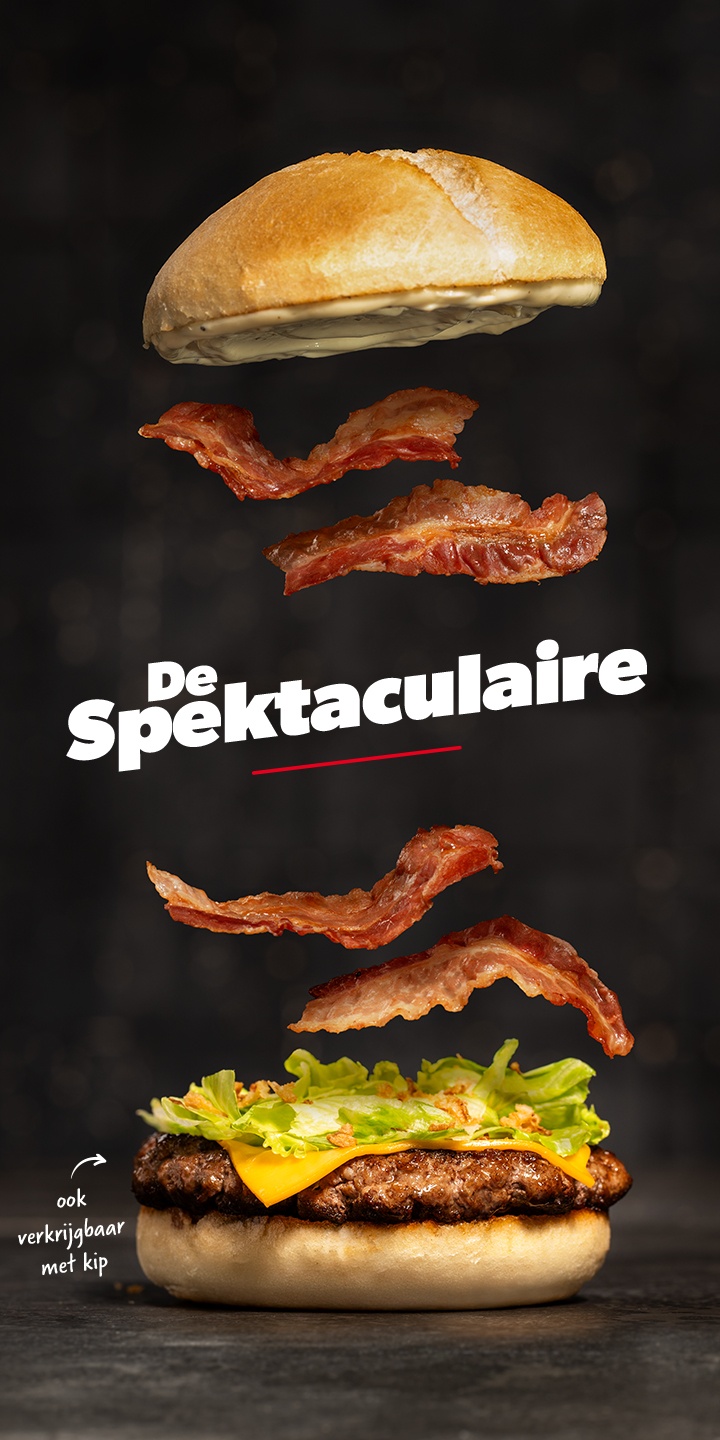 Nieuwe limited edition burger: pistoletbroodje met rundgehakt, witte barbecuesaus, 4 plakjes bacon, cheddar, sla en gefrituurde uitjes.