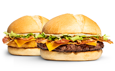 2 burgers en édition limitée : pain pistolet avec sauce barbecue blanche, 4 tranches de bacon, cheddar, salade, oignons frits, et au choix poulet pané ou steak haché de bœuf.